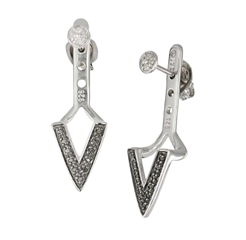 Sterling Silver Black and White Diamond V Jacket Post Earrings